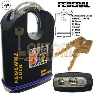 Federal 70mm Heavy Duty Shrouded Solid Steel Sold Secure Gold CEN 5 Padlock