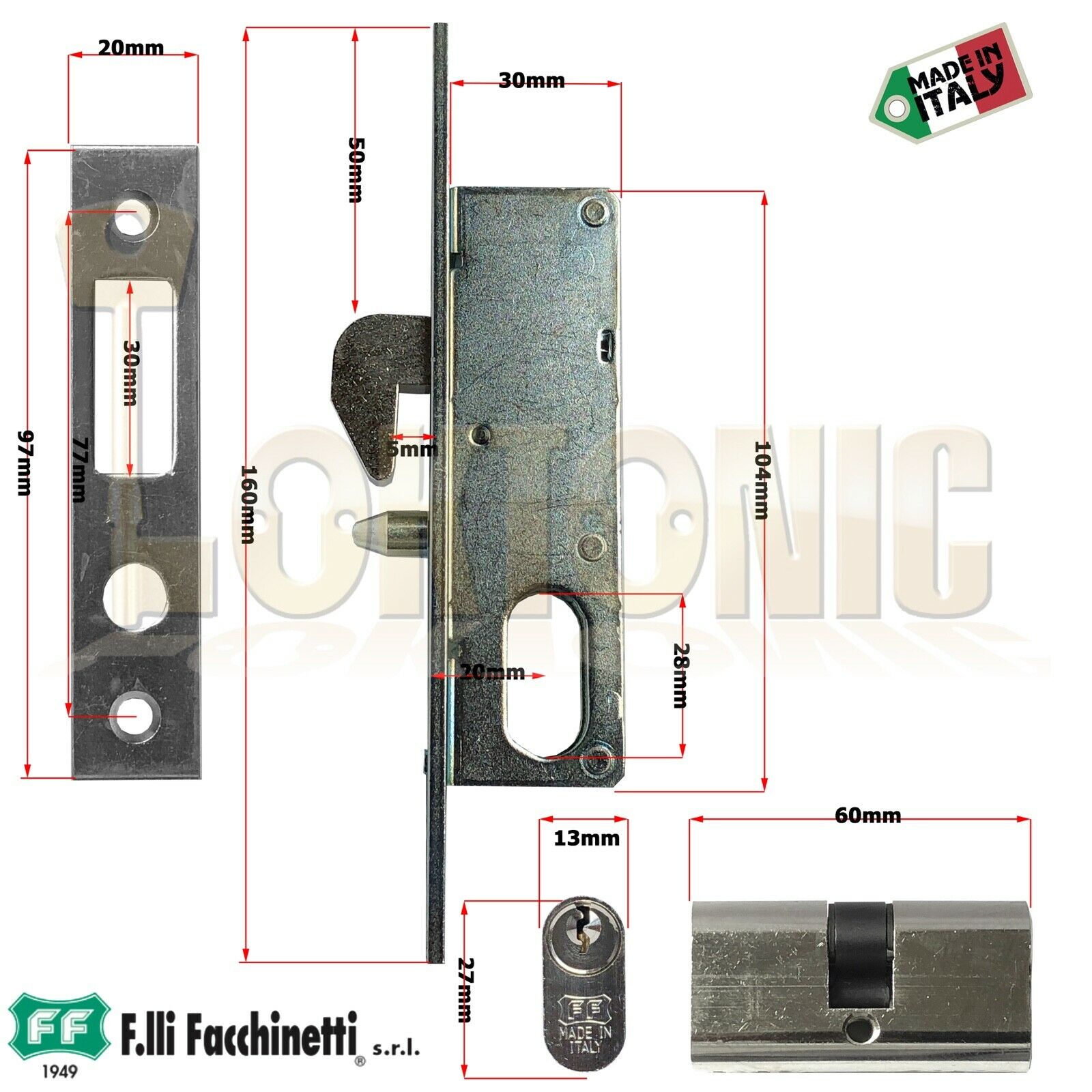Facchinetti Narrow Stile Small Oval Cylinder Hook bolt Sliding Door Lock - Image 7