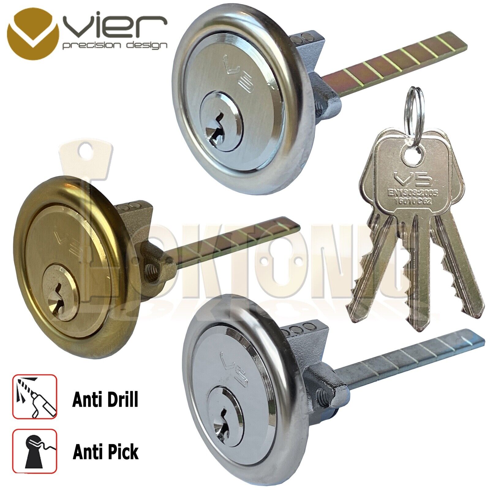 Rim Cylinder Night Latch Door Lock Polished Chrome Brass Satin 3 Keys
