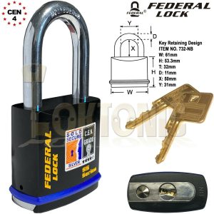 Federal FD732 Sold Secure Silver CEN 4 Super Heavy Duty Solid Steel Padlocks