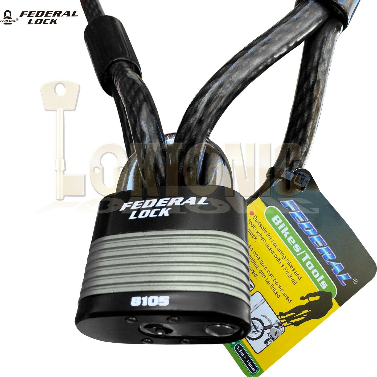 Federal 15mm Diameter Heavy Duty Bike Cycle Motorcycle Steel Cable Padlock Combo