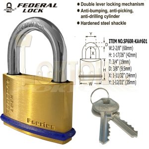 Federal SF60R KA#601 Solid Brass Padlock Keyed Alike For Garage Shed Van Gate