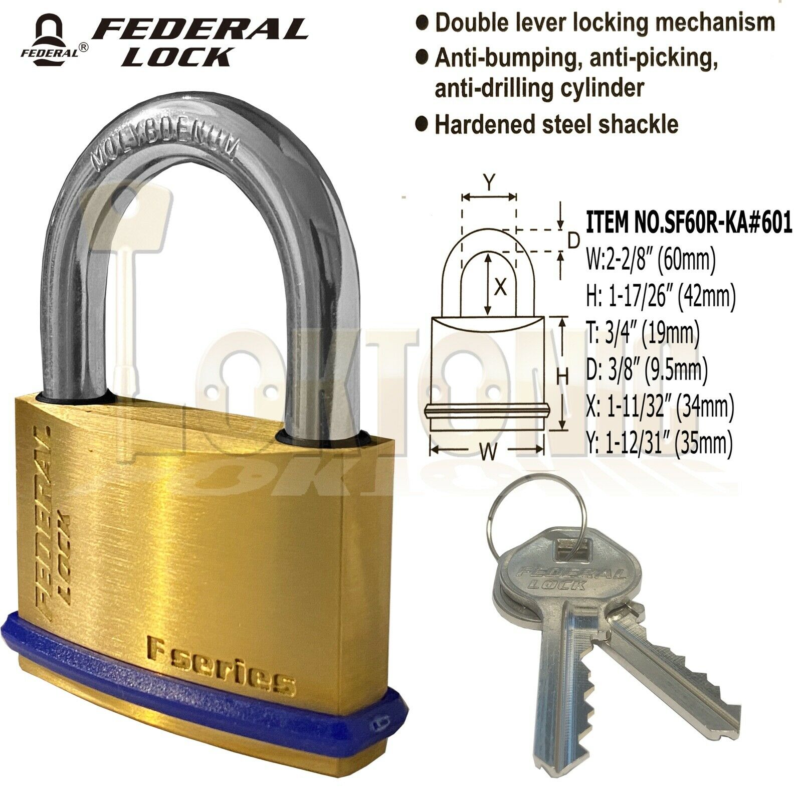 Federal SF60R KA#601 Solid Brass Padlock Keyed Alike For Garage Shed Van Gate