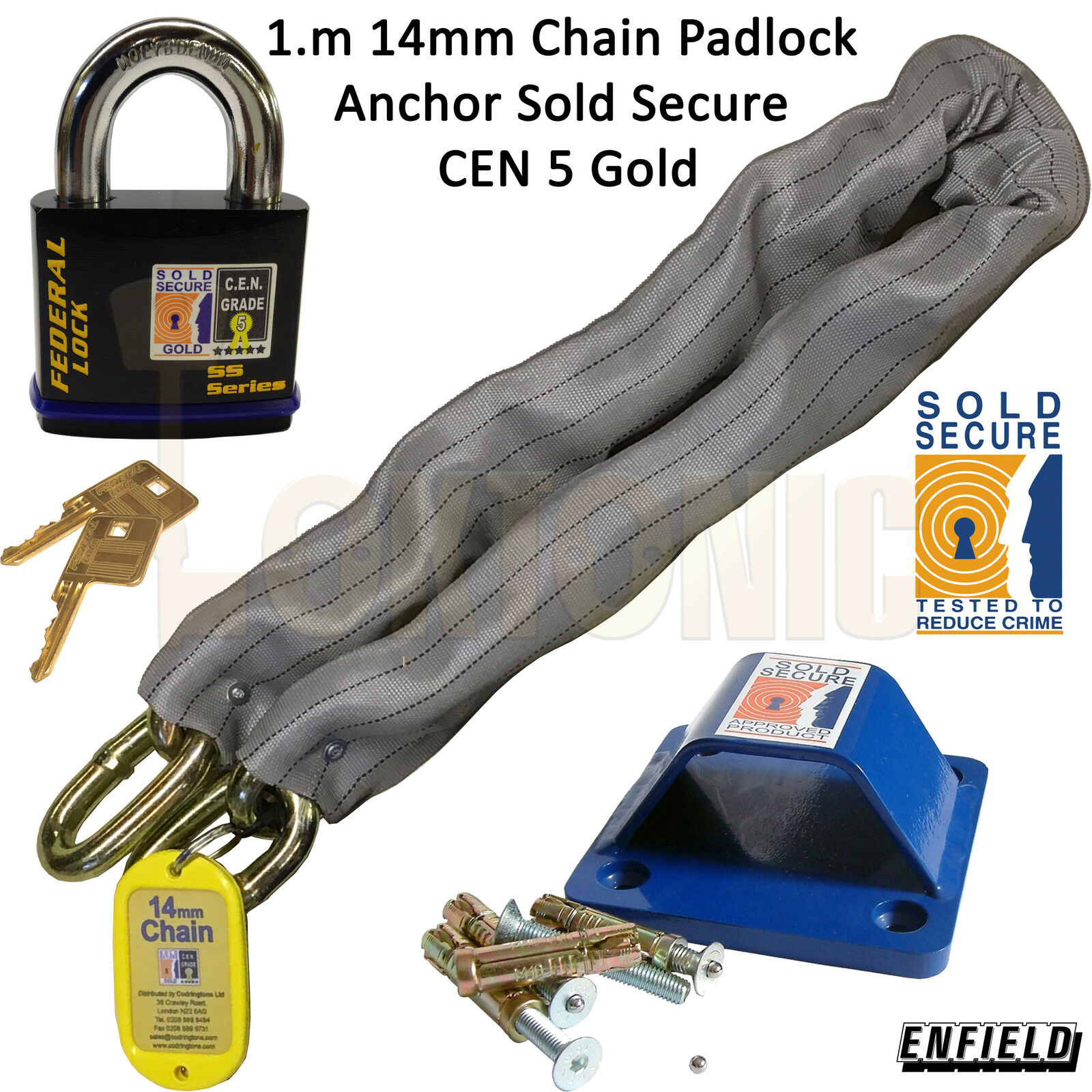 Motorbike Motorcycle Strong 1.m 14mm Chain Padlock Anchor Sold Secure CEN 5 Gold