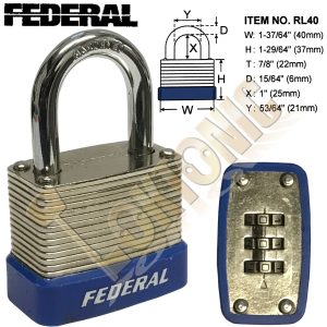 Federal RL40 Resettable Steel Laminated Combination Padlock Toolbox Cupboard