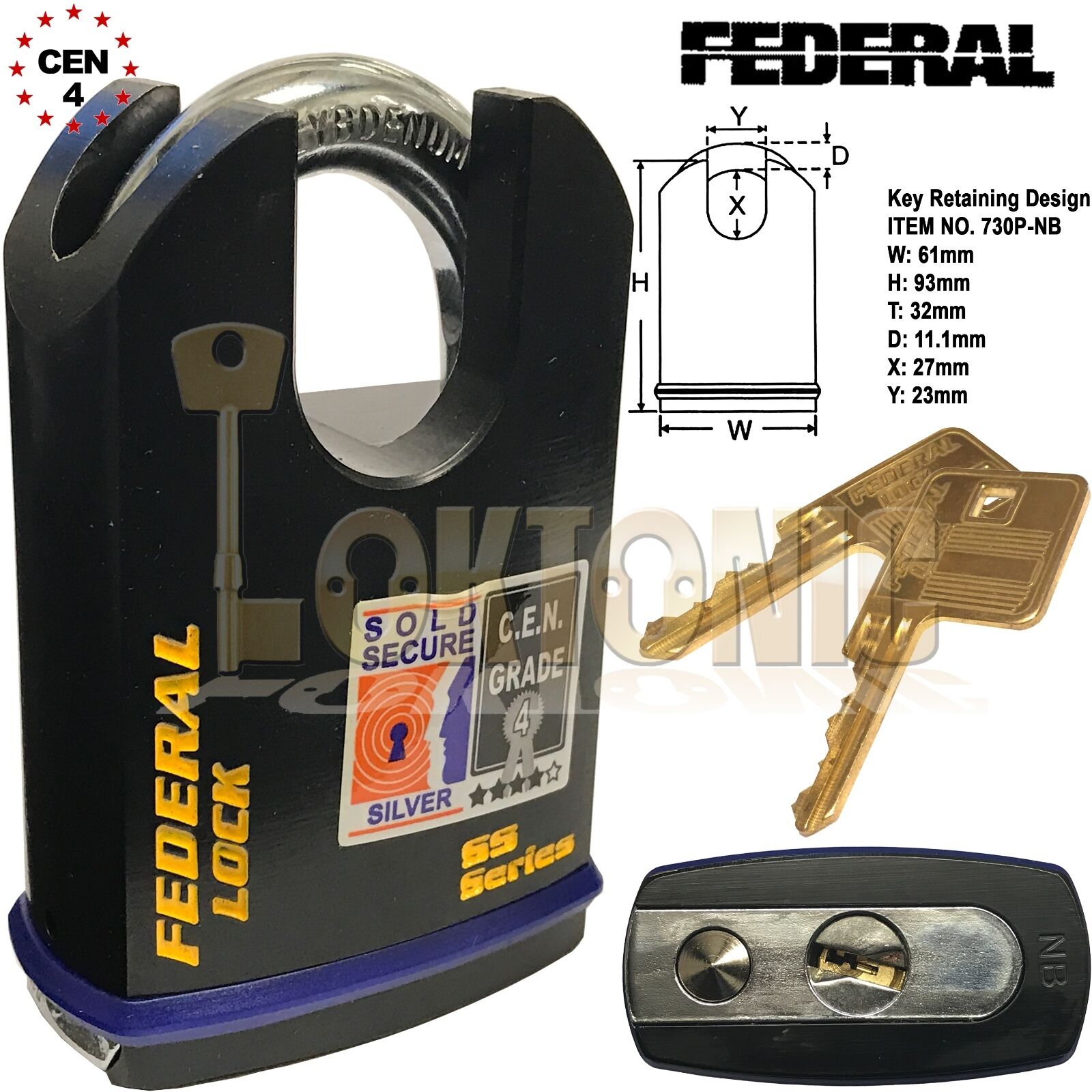 Federal 61mm Heavy Duty Shrouded Solid Steel Sold Secure Silver CEN 4 Padlock