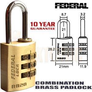 Federal RB20 Resettable Solid Brass combination padlock luggage toolbox cupboard