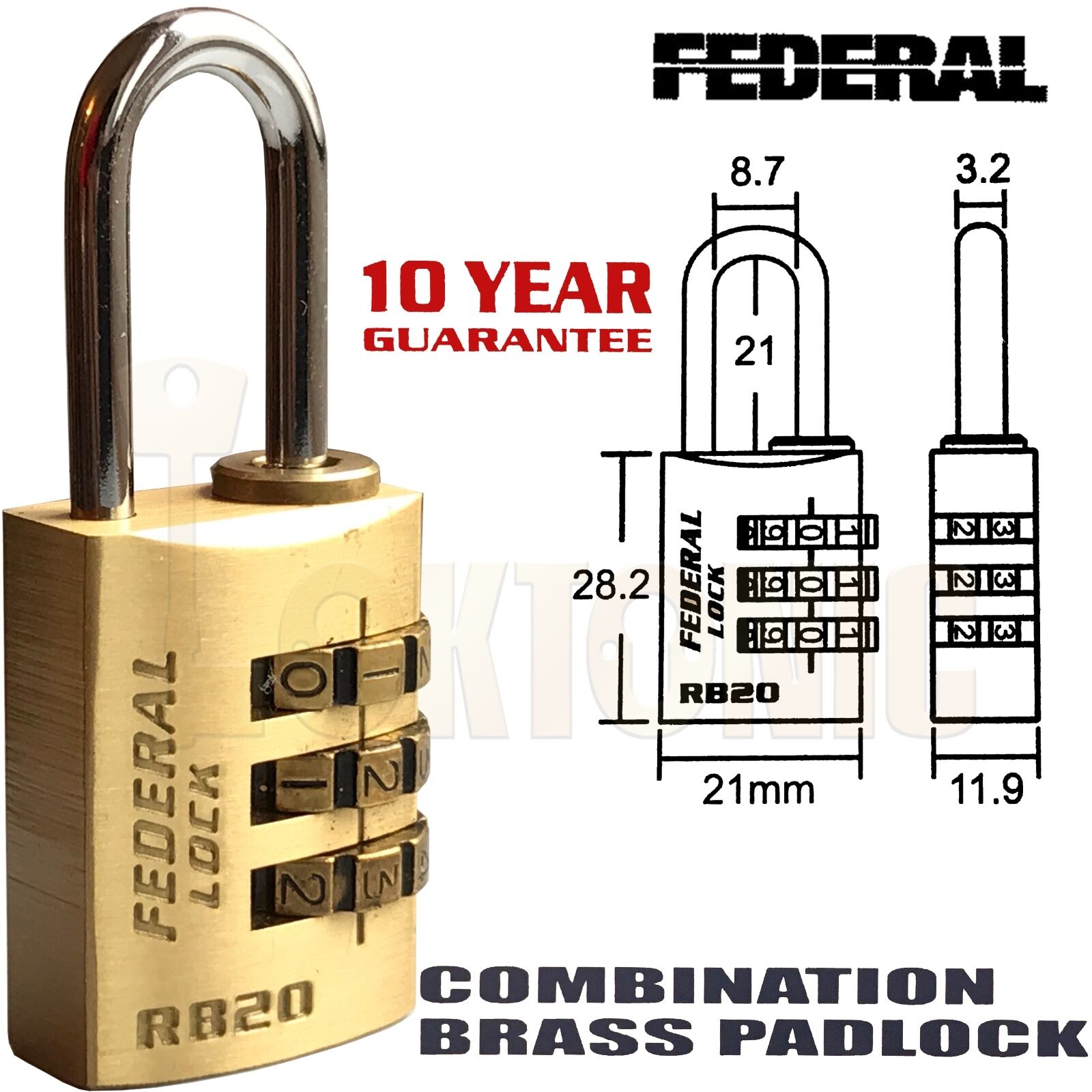 Federal RB20 Resettable Solid Brass combination padlock luggage toolbox cupboard