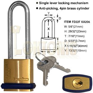 Federal 22F KA206 Brass Long Shackle Padlock Shed Gate Locker Suitcase Travel