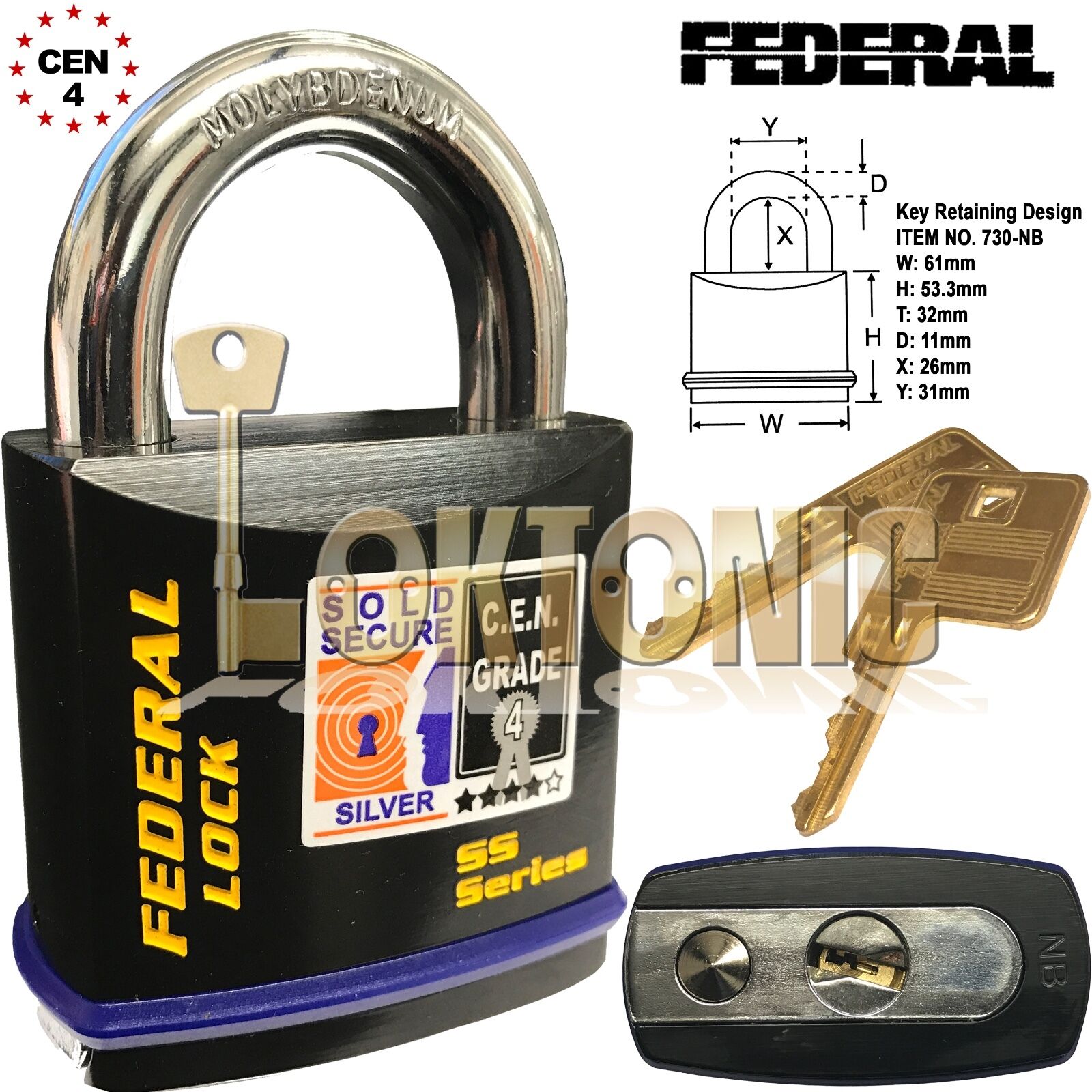 Federal FD730 Sold Secure Silver CEN 4 Super Heavy Duty Solid Steel Padlocks