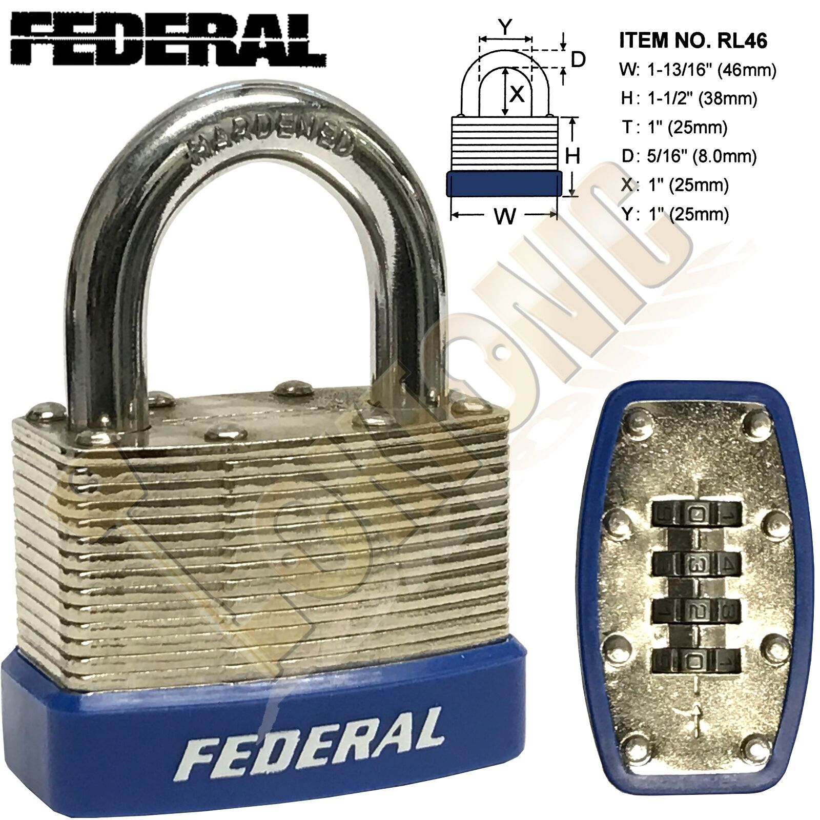 Federal RL46mm Resettable Steel Laminated Combination Padlock Toolbox Cupboard
